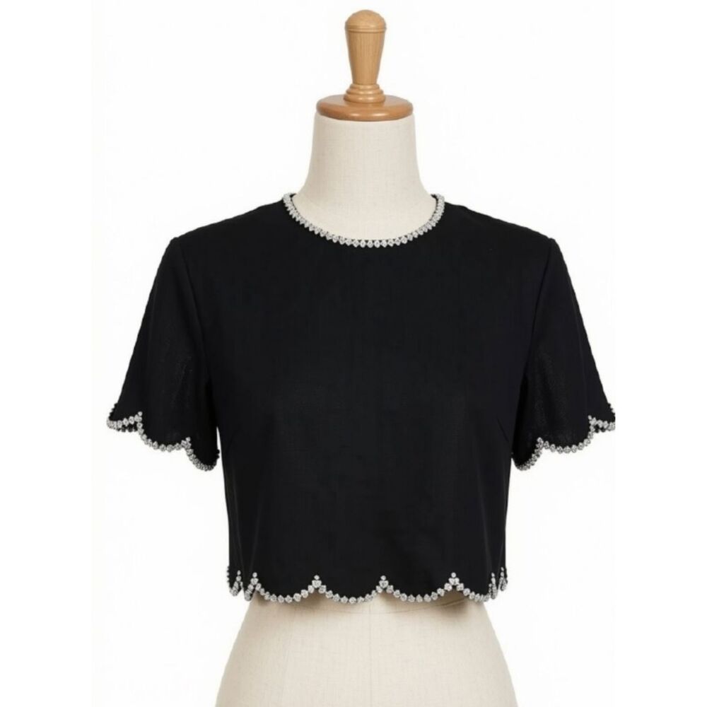 Mable Black Rhinestone Scalloped Crop Top Short Sleeve Size S